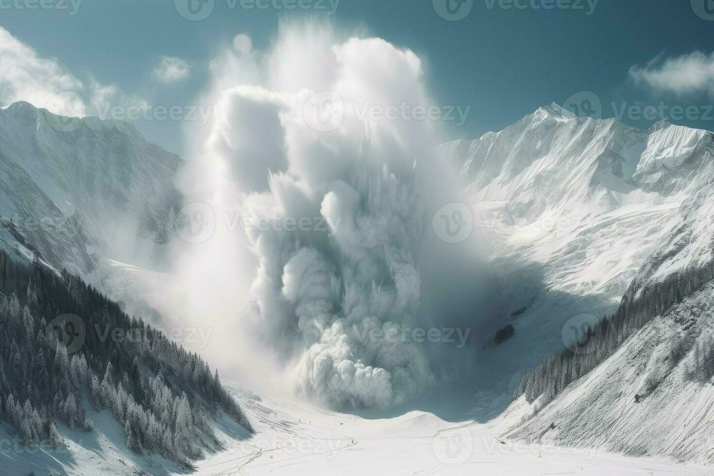 Massive avalanche mountains snow. Generate Ai photo