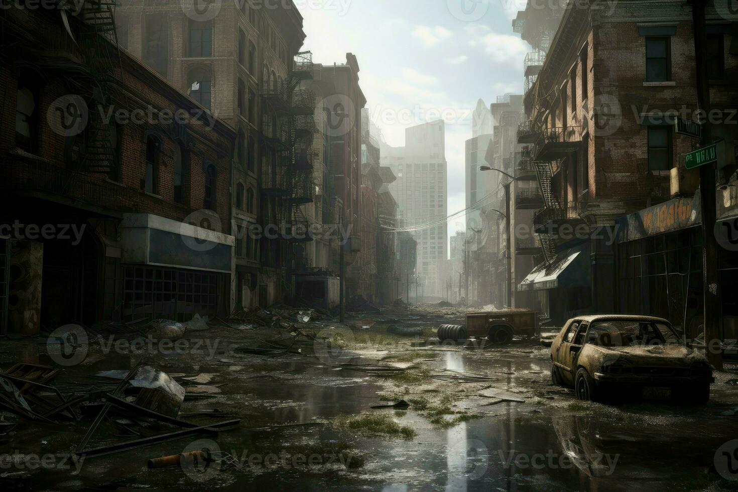 Post apocalyptic New York street. Generate Ai photo