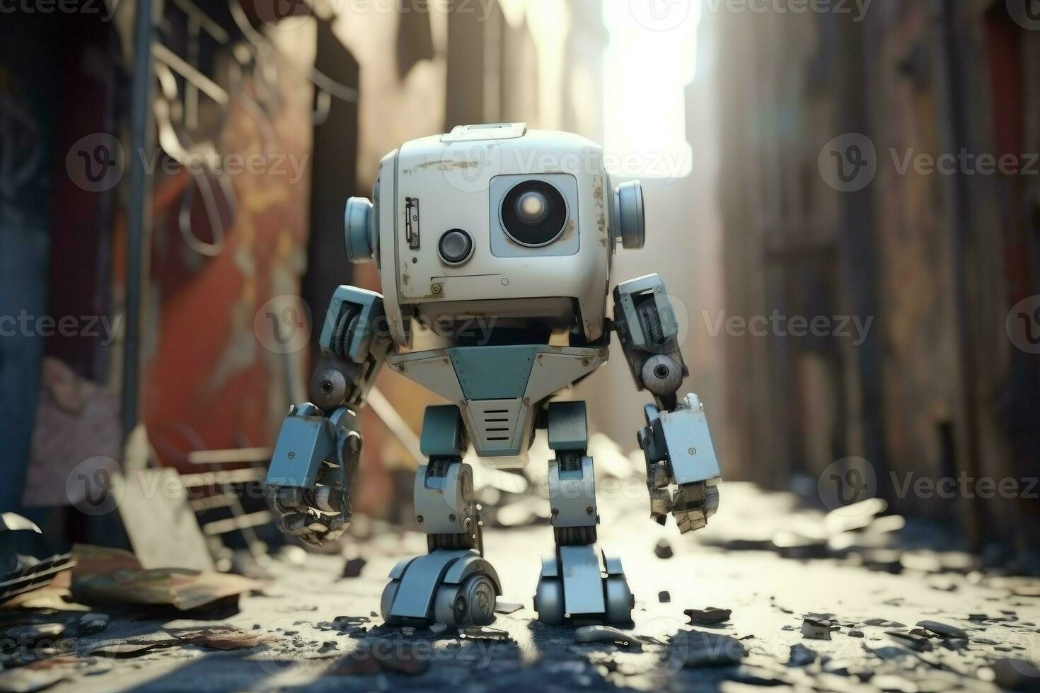 Cute robot walking ruin city. Generate Ai photo