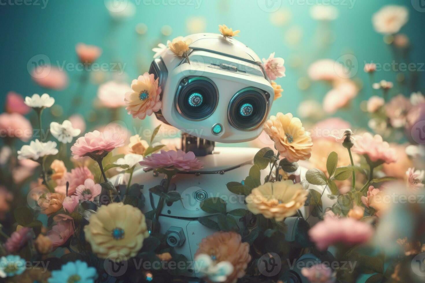 Robot smiling with flowers. Generate Ai photo