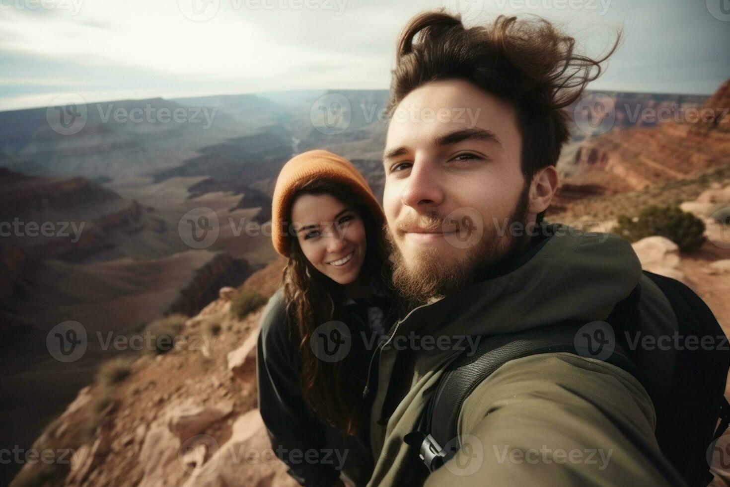 Couple traveler selfie. Generate Ai photo