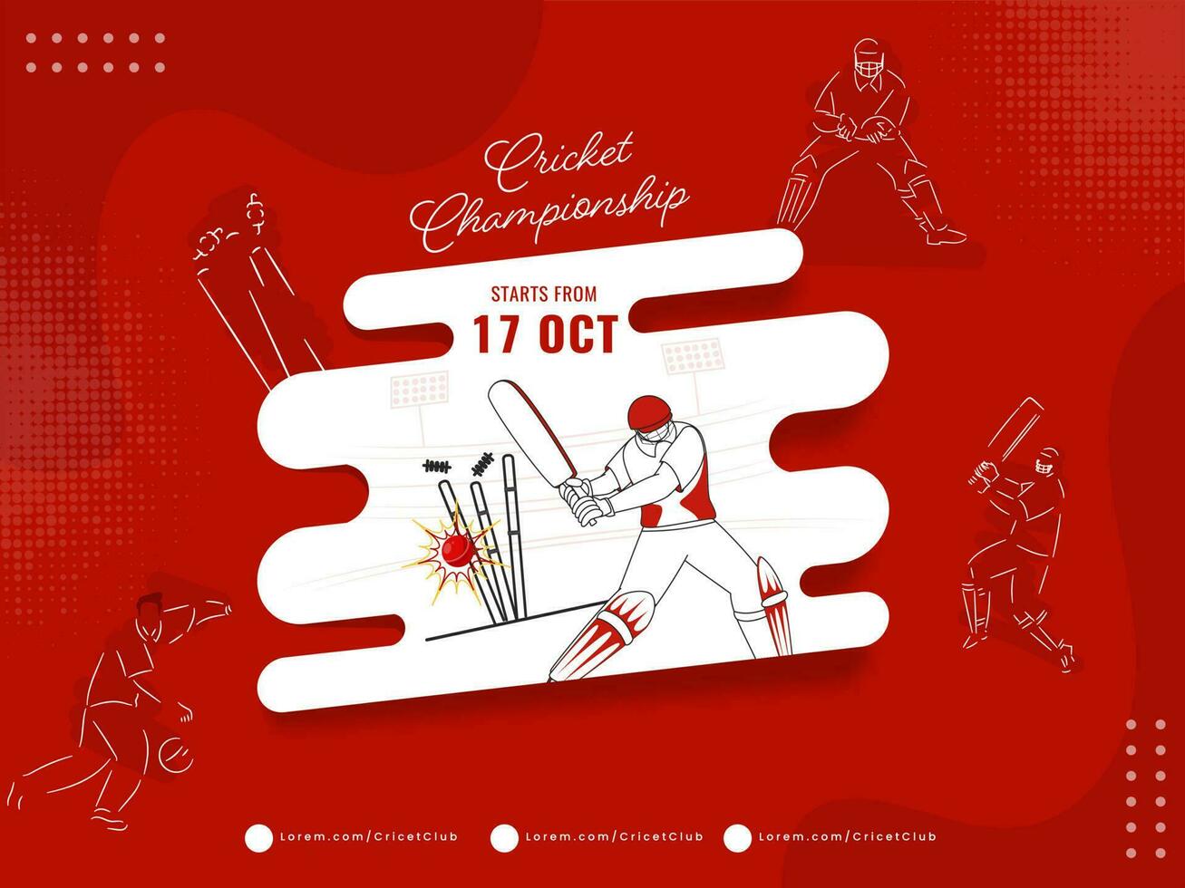 Cricket Championship Concept With Batsman, Bowler Players On Red And White Halftone Background. vector