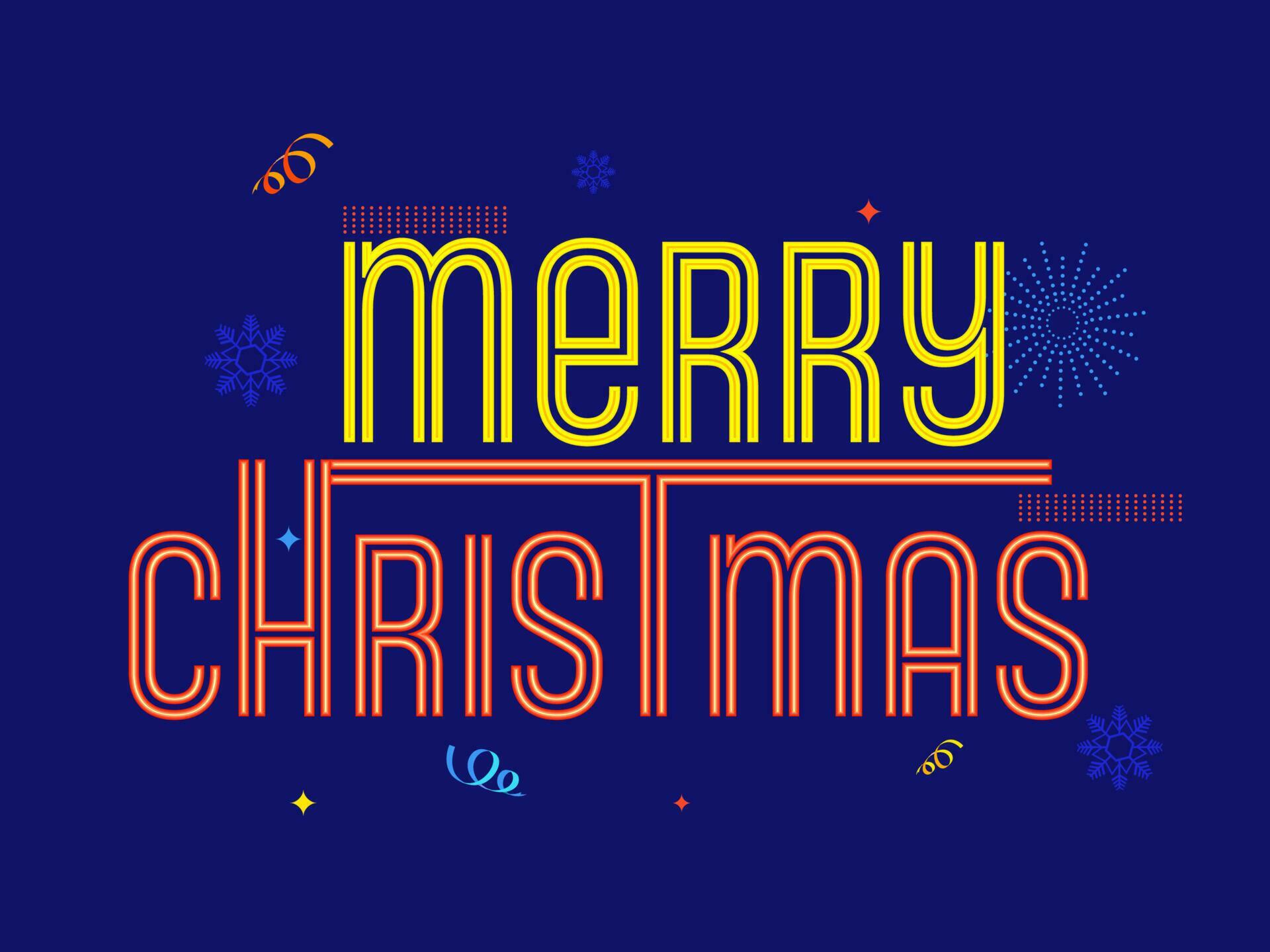 Double Line Style Merry Christmas Font With Snowflakes On Blue
