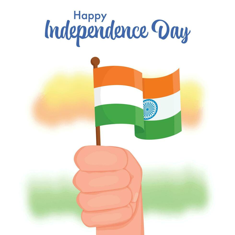 contento independencia día concepto con mano participación India bandera en borroso tricolor antecedentes. vector