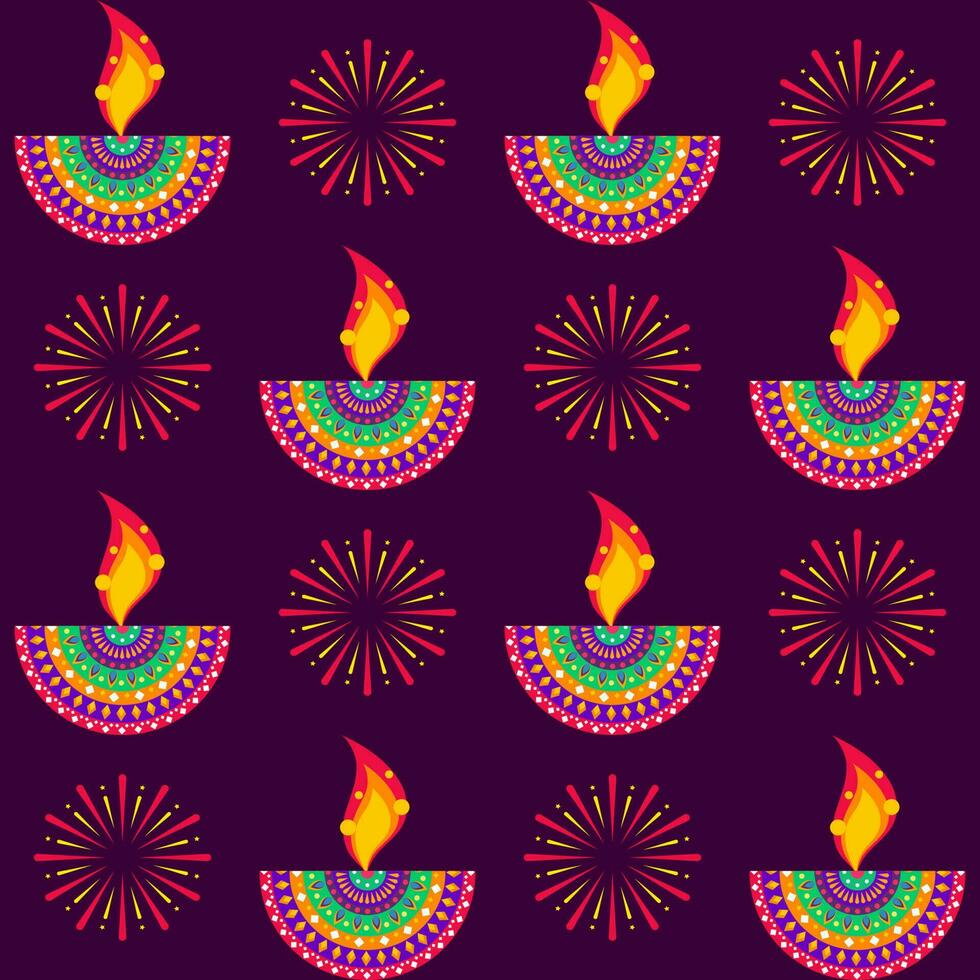 Traditional Lit Oil Lamps And Fireworks Pattern Background. vector