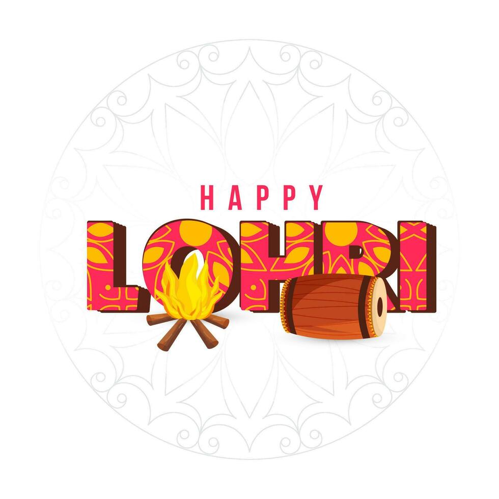 Happy Lohri Font With Bonfire, Drum Instrument On White Linear Mandala Background. vector