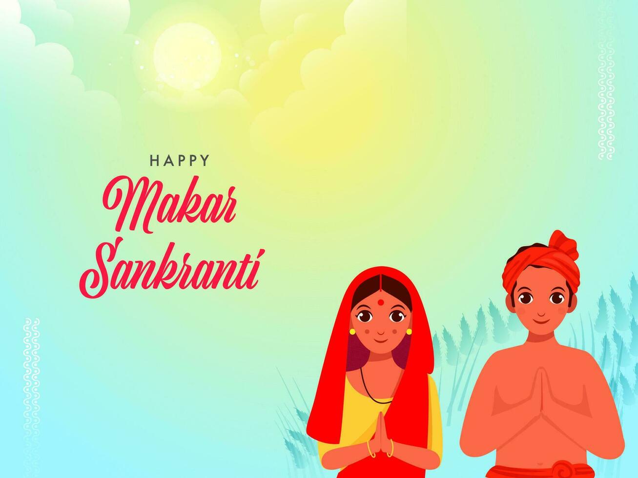 Happy Makar Sankranti Font With Hindu Couple Praying To Surya On Gradient Yellow And Blue Background. vector
