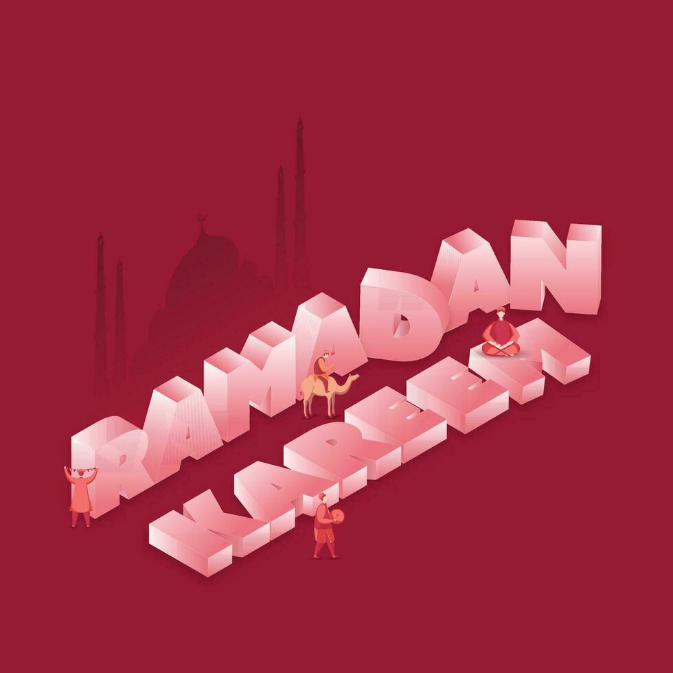 Top View Of 3D Glossy Pink Ramadan Kareem With Islamic Men In Different Activities On Red Silhouette Mosque Background. vector