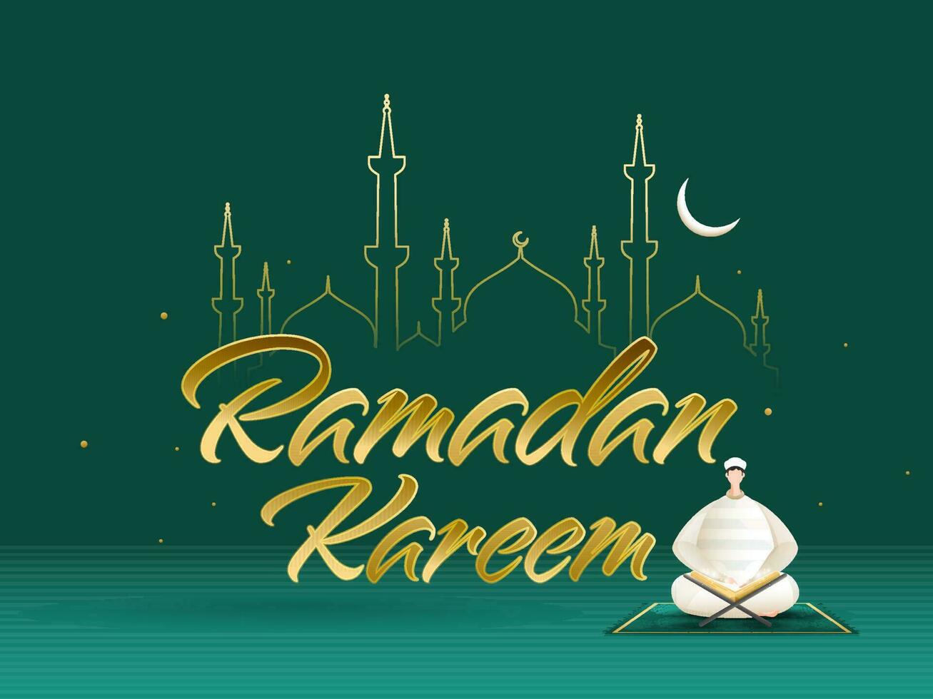 Golden Ramadan Kareem Font With Muslim Man Reading A Quran Book, Crescent Moon And Line Art Mosque On Teal Background. vector