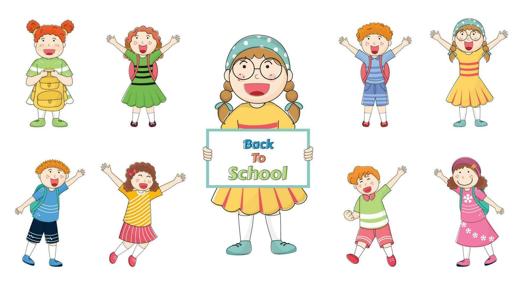 conjunto de contento niños dibujos animados en blanco antecedentes para espalda a colegio póster o bandera diseño vector