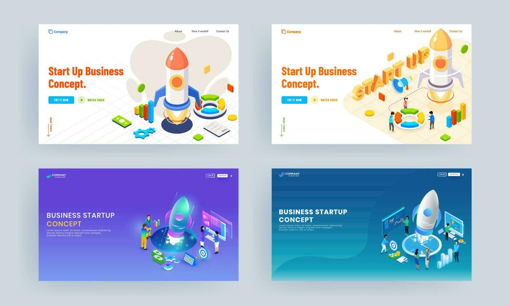 Set of landing page design with illustration of people working together of launching a successful project to company and financial infographic elements for Business Start up concept. vector