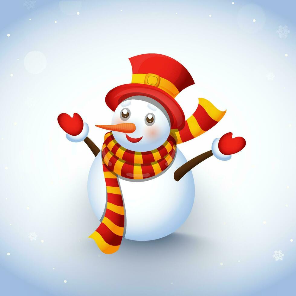 Cute snowman wearing woolen clothes on winter snow background. vector