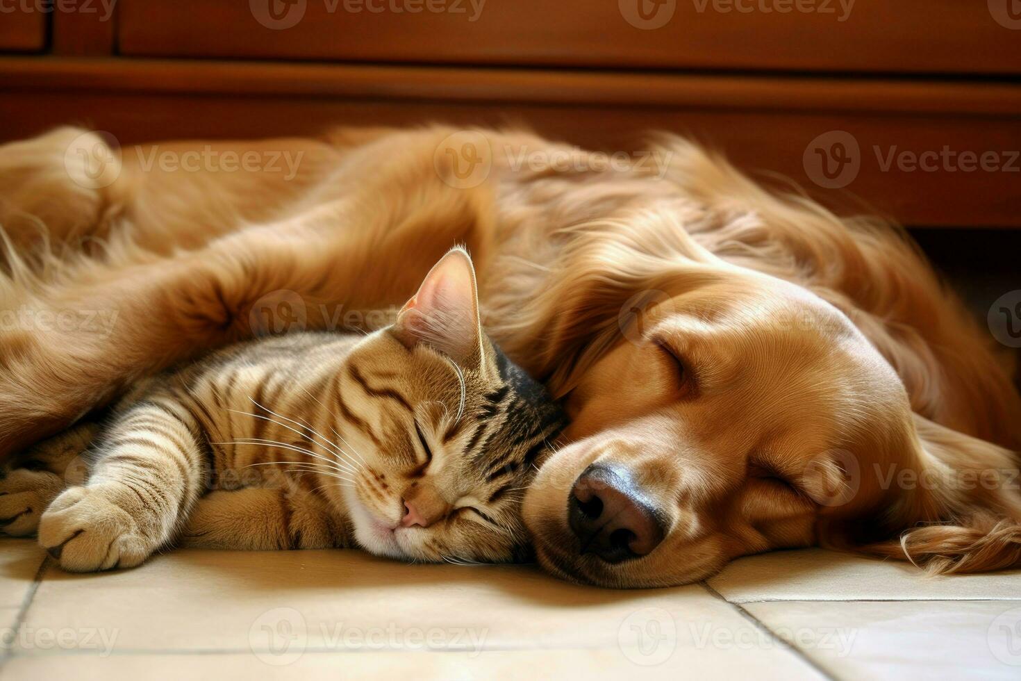 Cat dog sleeping home. Generate Ai photo