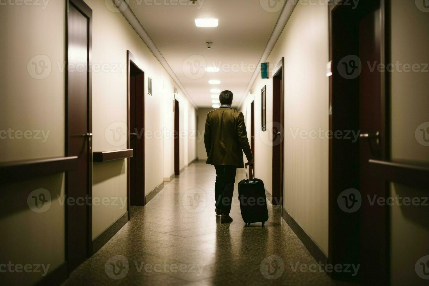 hombre maleta equipaje en hotel. generar ai foto