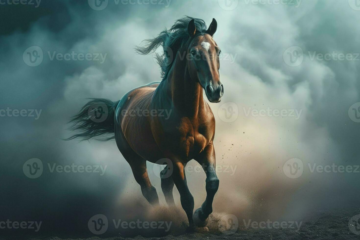 Horse wild running through clouds. Generate Ai photo