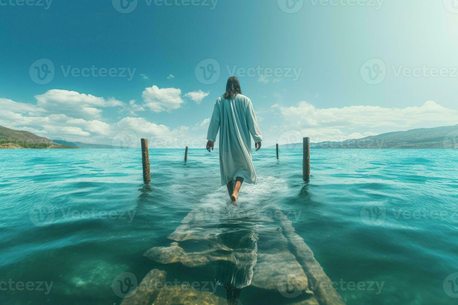 Jesús Cristo caminando agua cielo. generar ai foto