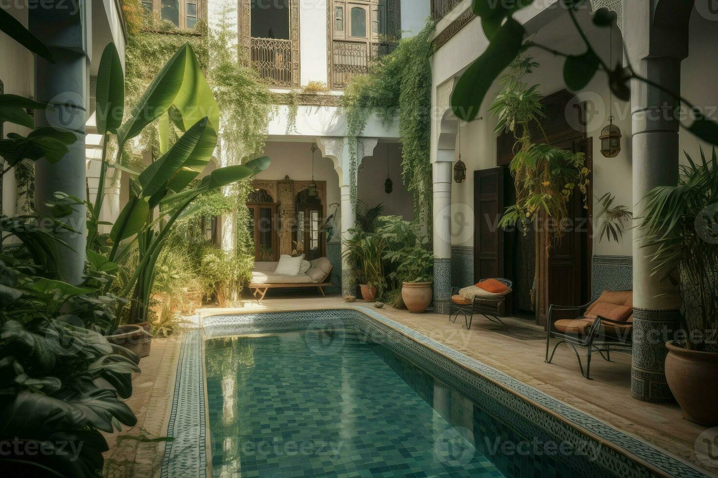 Patio with swim pool deck. Generate Ai photo