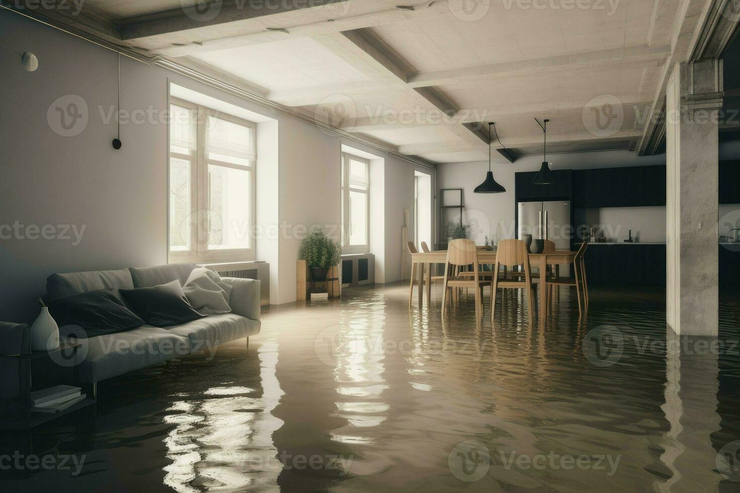 Flooded flat interior house room. Generate Ai photo