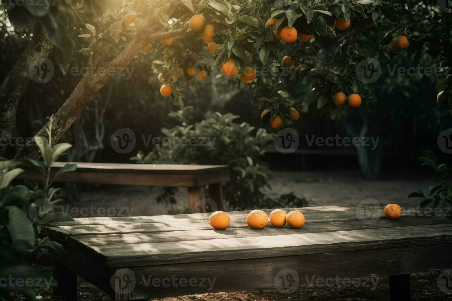 Orange fruit on wood table. Generate Ai photo