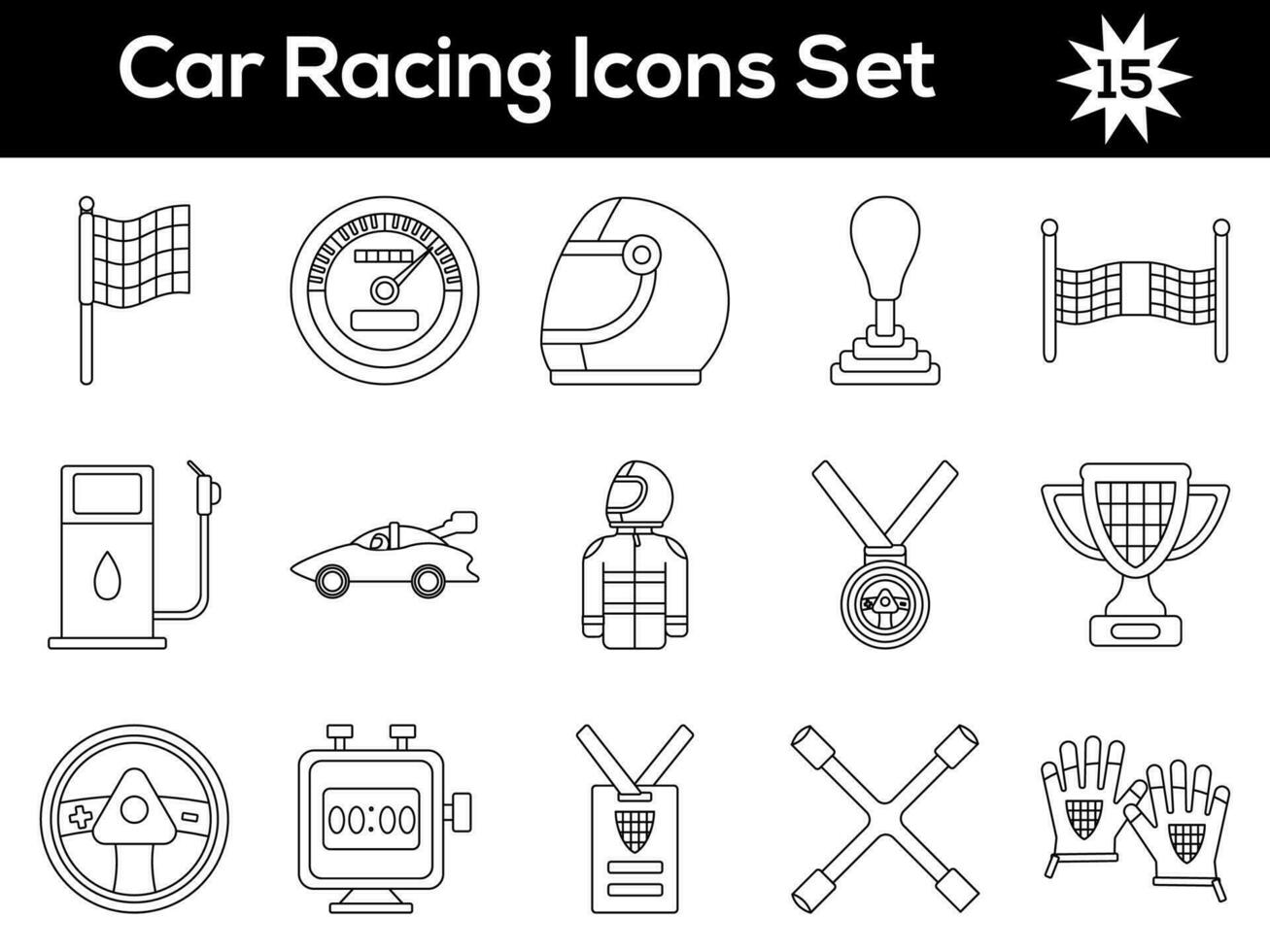Illustration Of Car Racing Icons Set In Stroke Style. vector