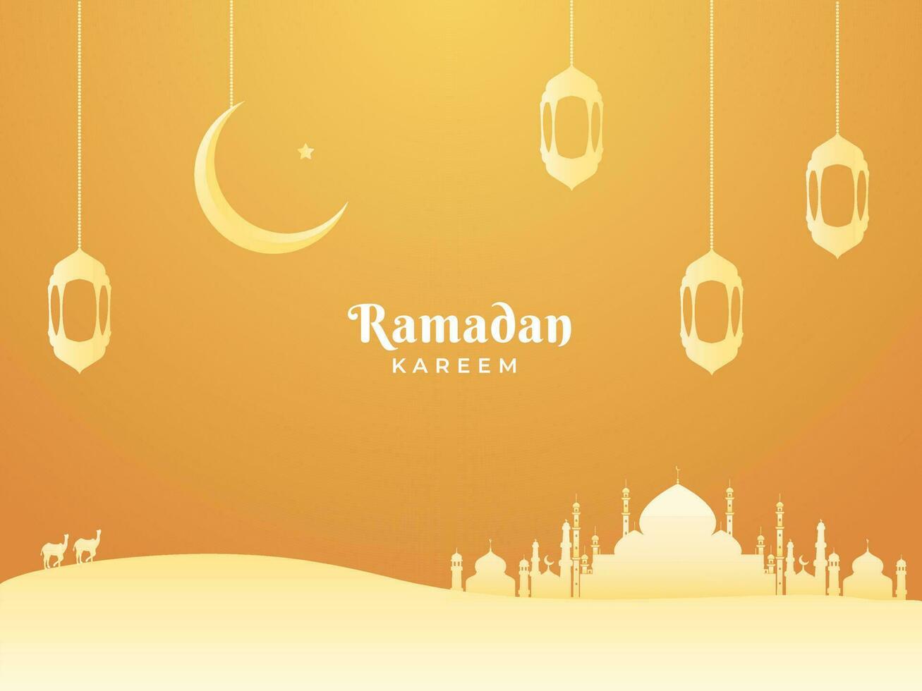 Ramadan Kareem Concept With Silhouette Mosque, Lanterns And Crescent Moon Hang On Golden Background. vector