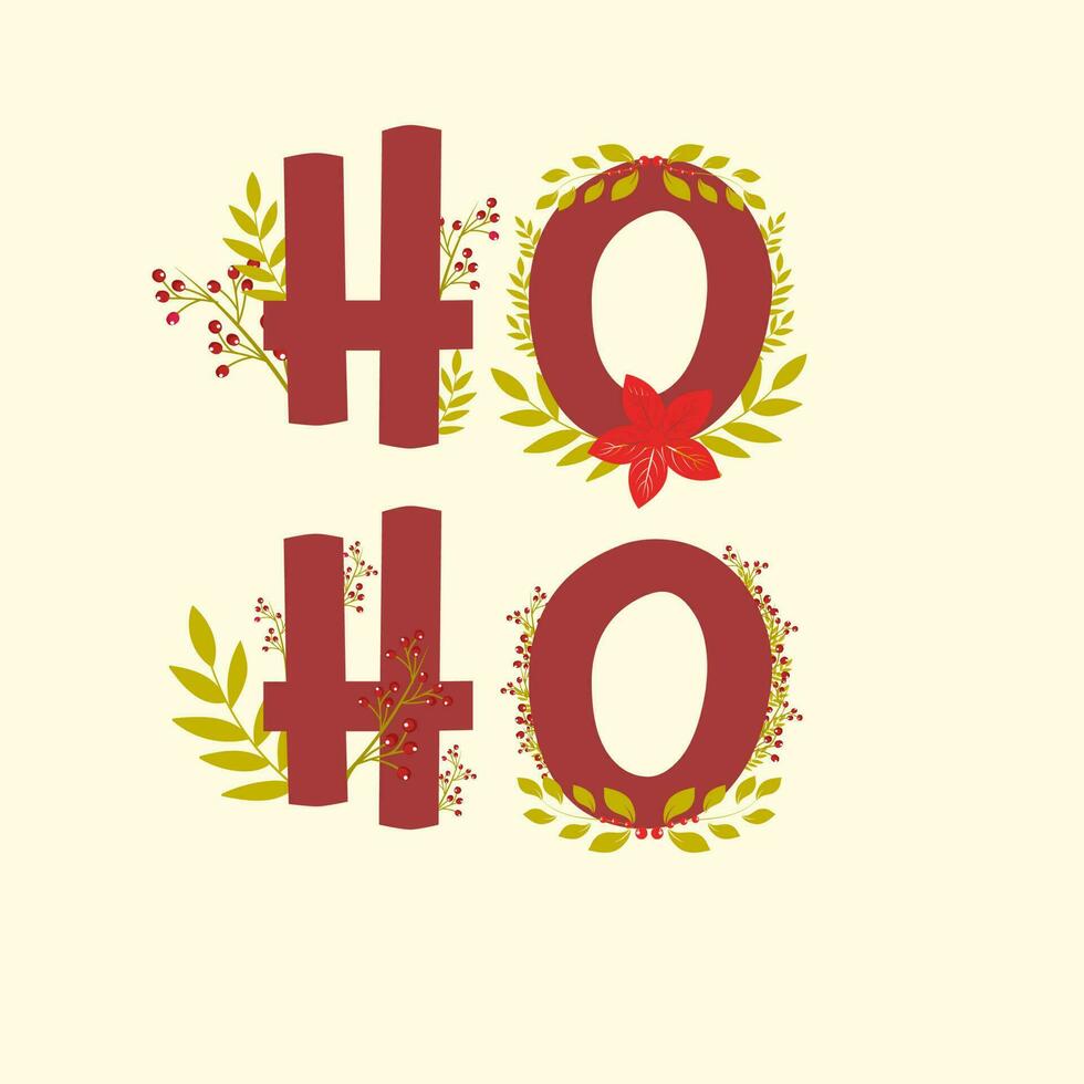 Red HO HO Text Decorated With Poinsettia Flower, Leaves, Berries On Beige Background. vector