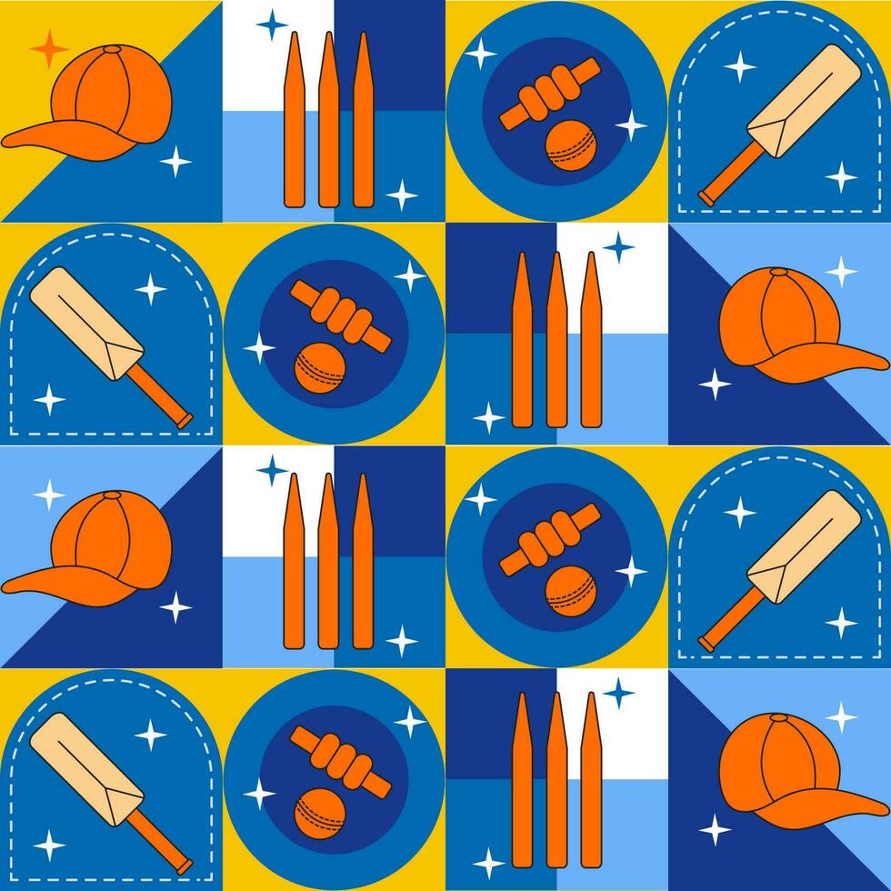 Cricket Equipments On Colorful Square Pattern Background. vector