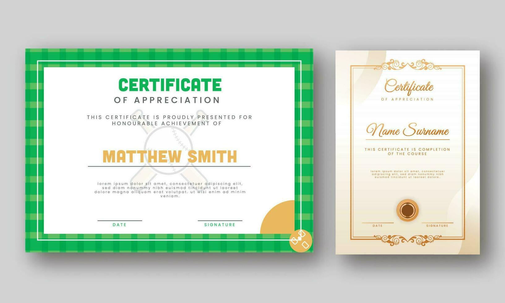 Appreciation Certificate Template Design In Horizontal And Vertical Style. vector