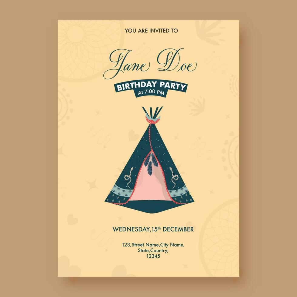 Vintage Birthday Party Card Template Layout With Event Details In Beige Color. vector