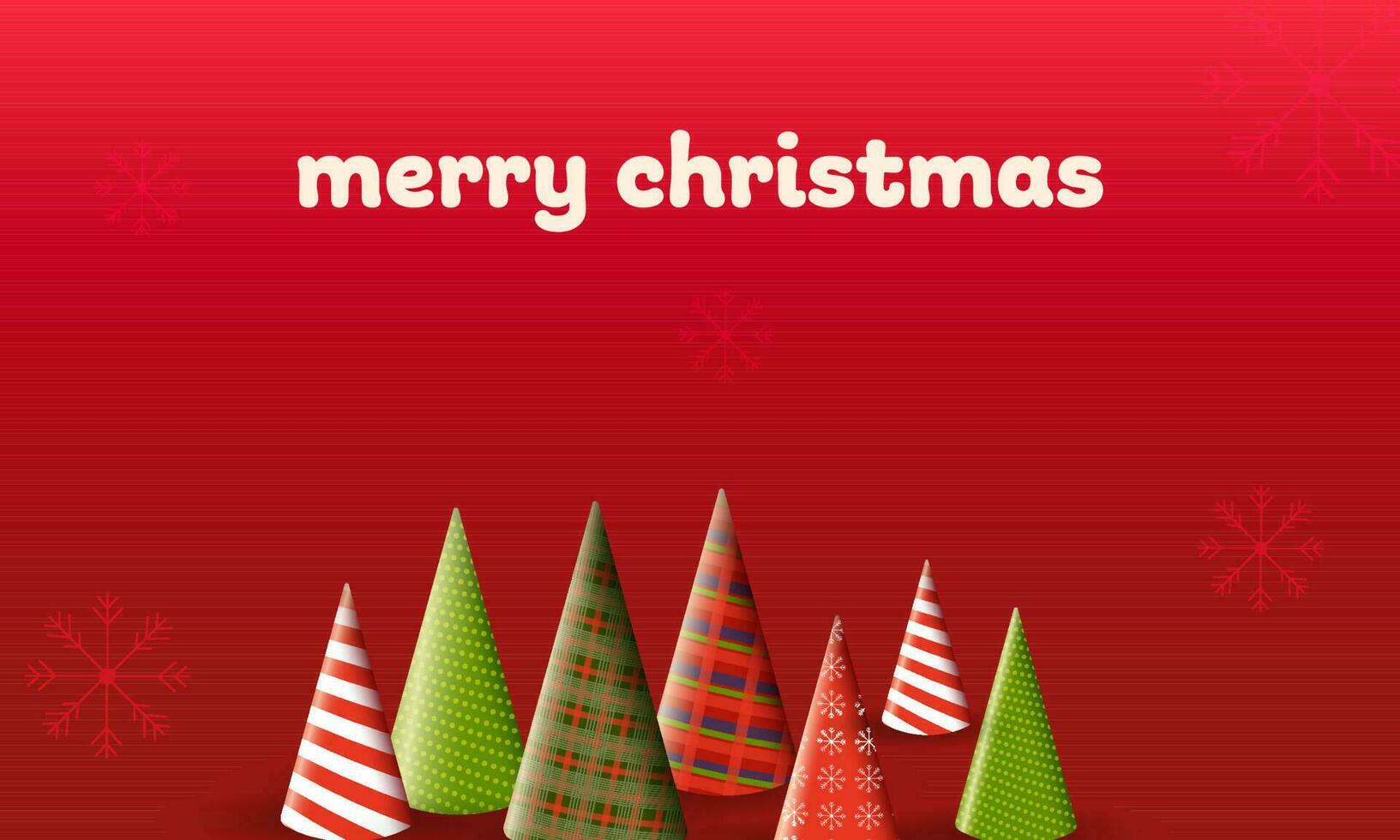 Merry Christmas Banner Design With 3D Xmas Tree In Different Pattern And Snowflakes On Red Background. vector