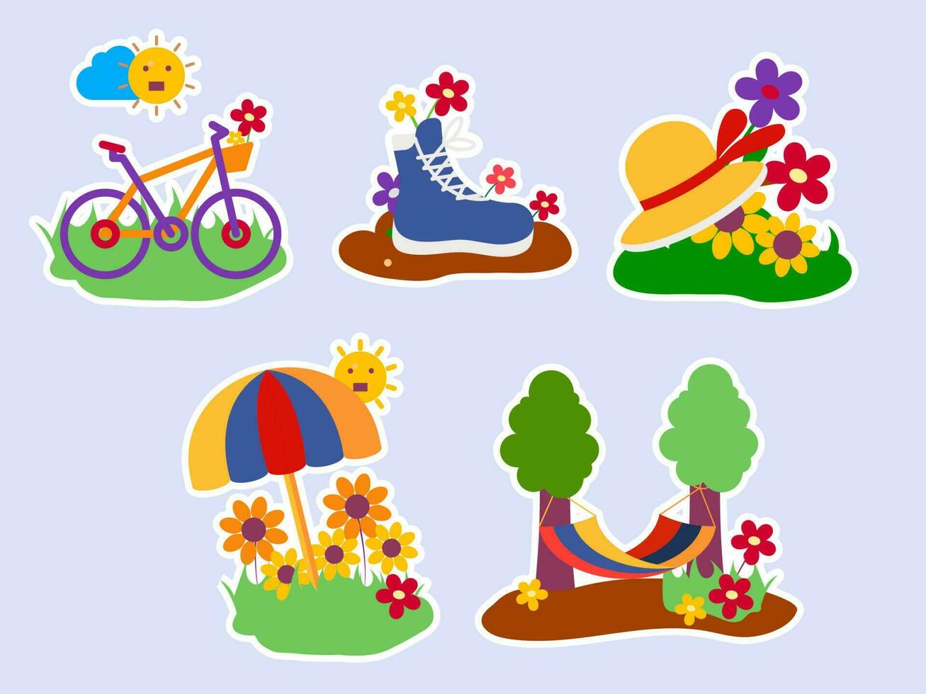 Colorful Spring Sticker Various On Blue Background. vector
