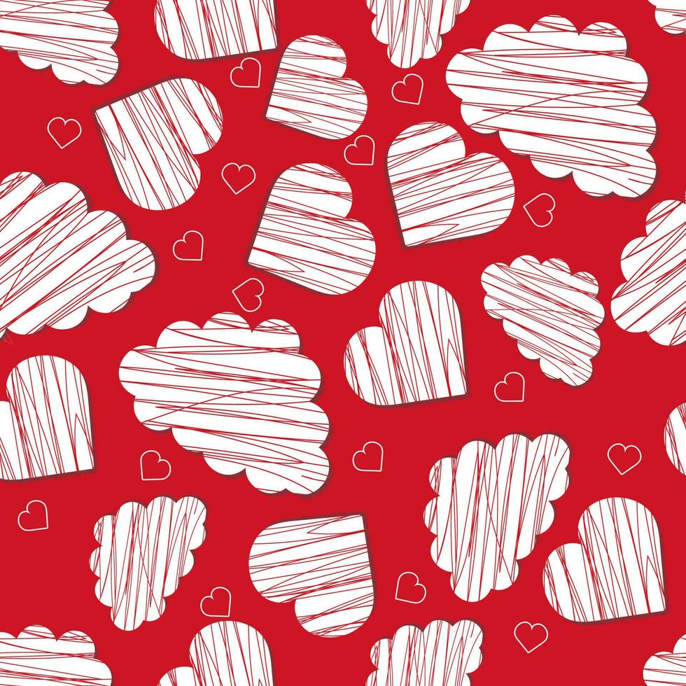 Seamless Scribble Style Hearts And Cloud Pattern Background In White And Red Color. vector