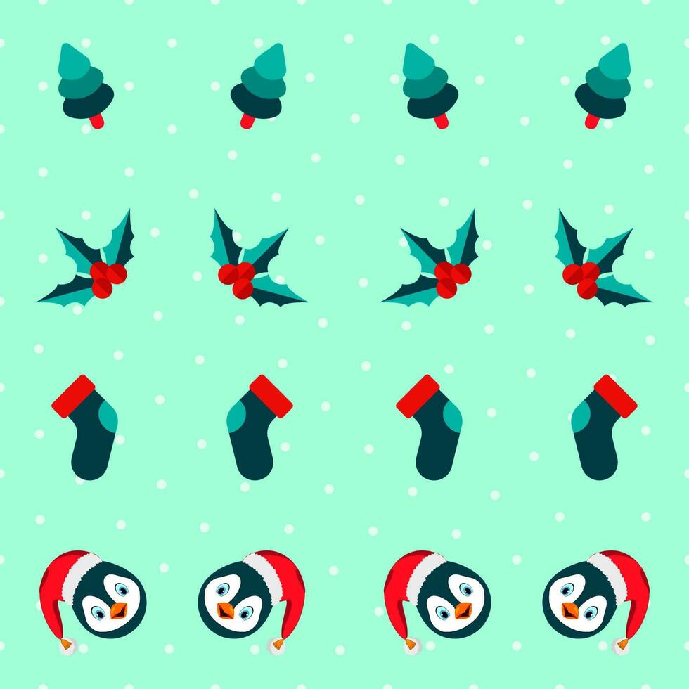 Green Polka Dots Pattern Background With Penguin Face, Santa Cloth, Holly Berries And Xmas Tree. vector