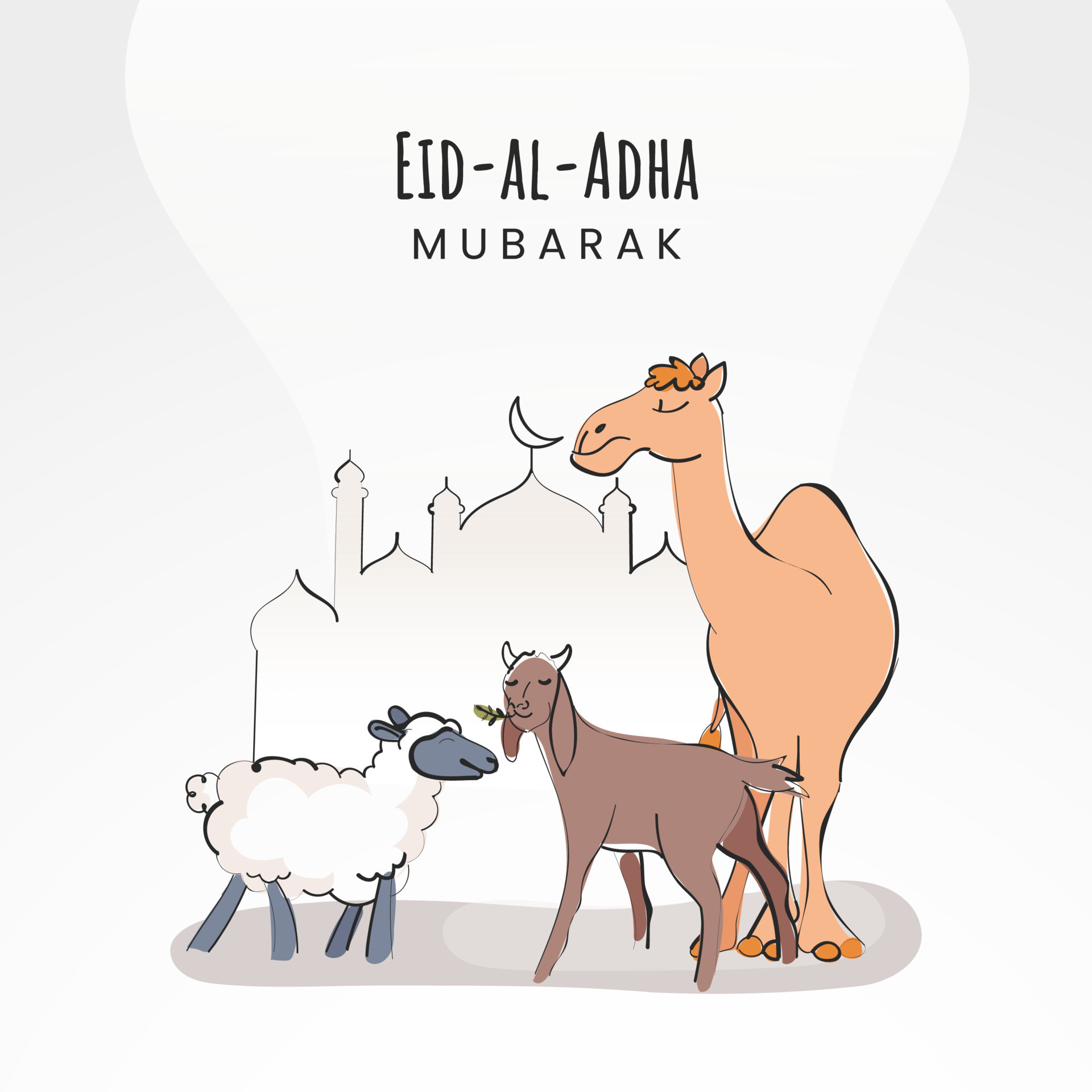Eid-Al-Adha Mubarak Concept With Cartoon Animals As Sheep, Goat, Camel And  Mosque On White Background. 23441392 Vector Art at Vecteezy