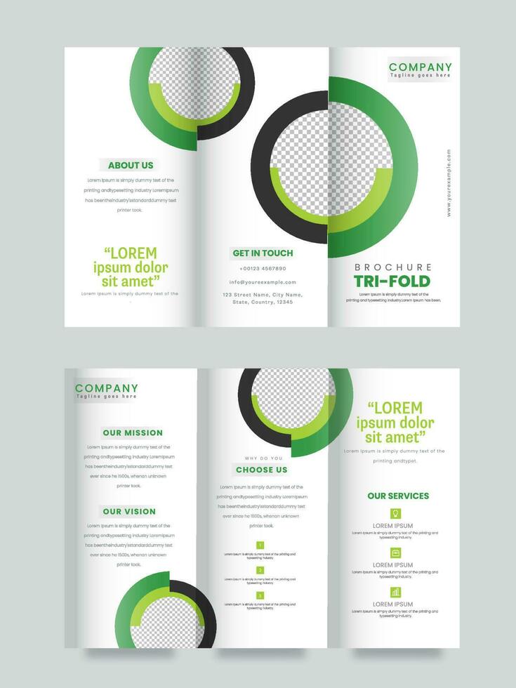 Tri-Fold Brochure Template Design With Space For Product Image in White And Green Color. vector