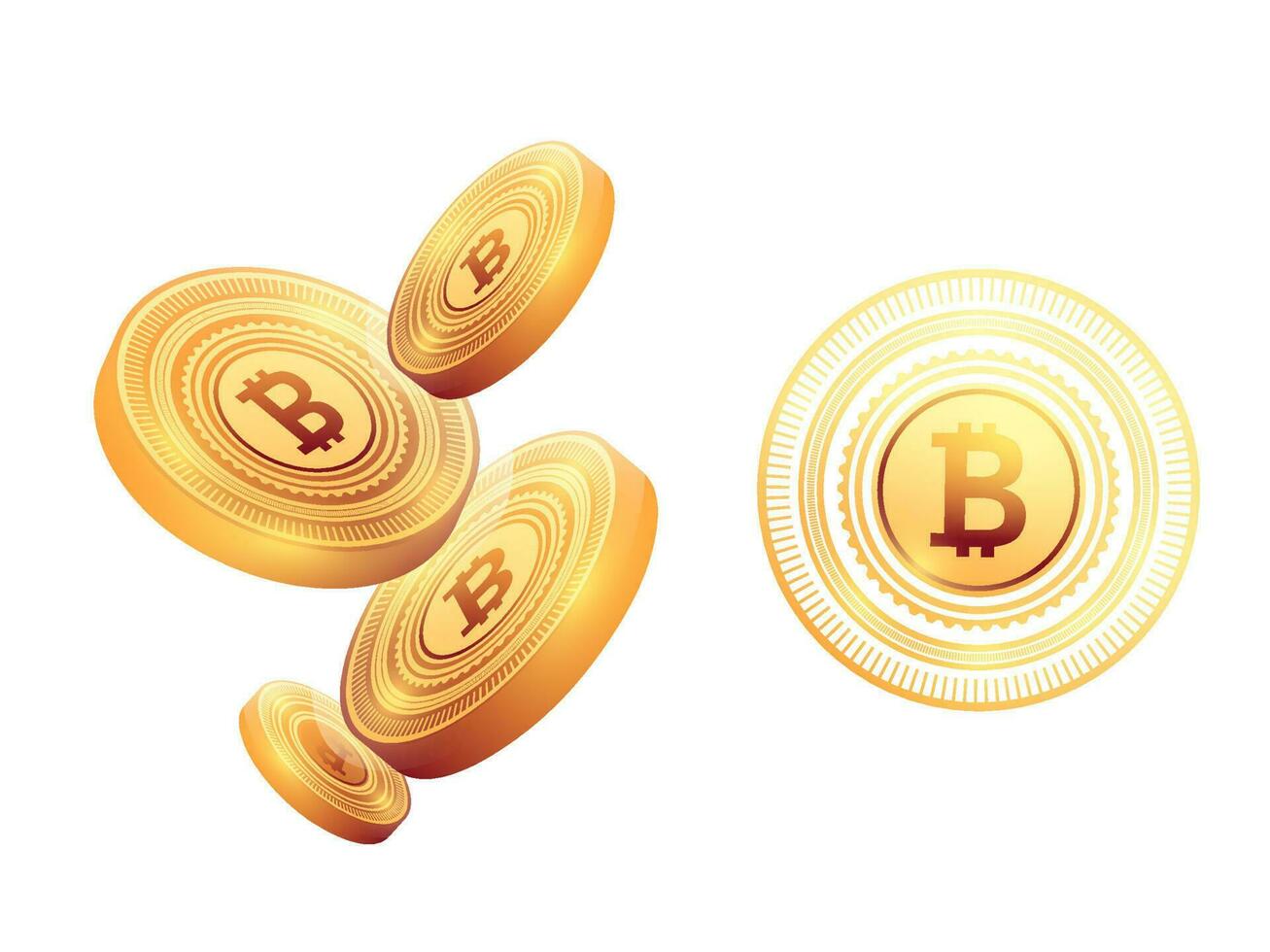 3D Golden Bitcoins On White Background. vector