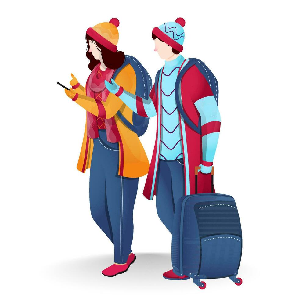 turista hombre discutir a mujer utilizando teléfono con equipaje bolso en blanco antecedentes para invierno vacaciones. lata ser usado como saludo tarjeta diseño. vector