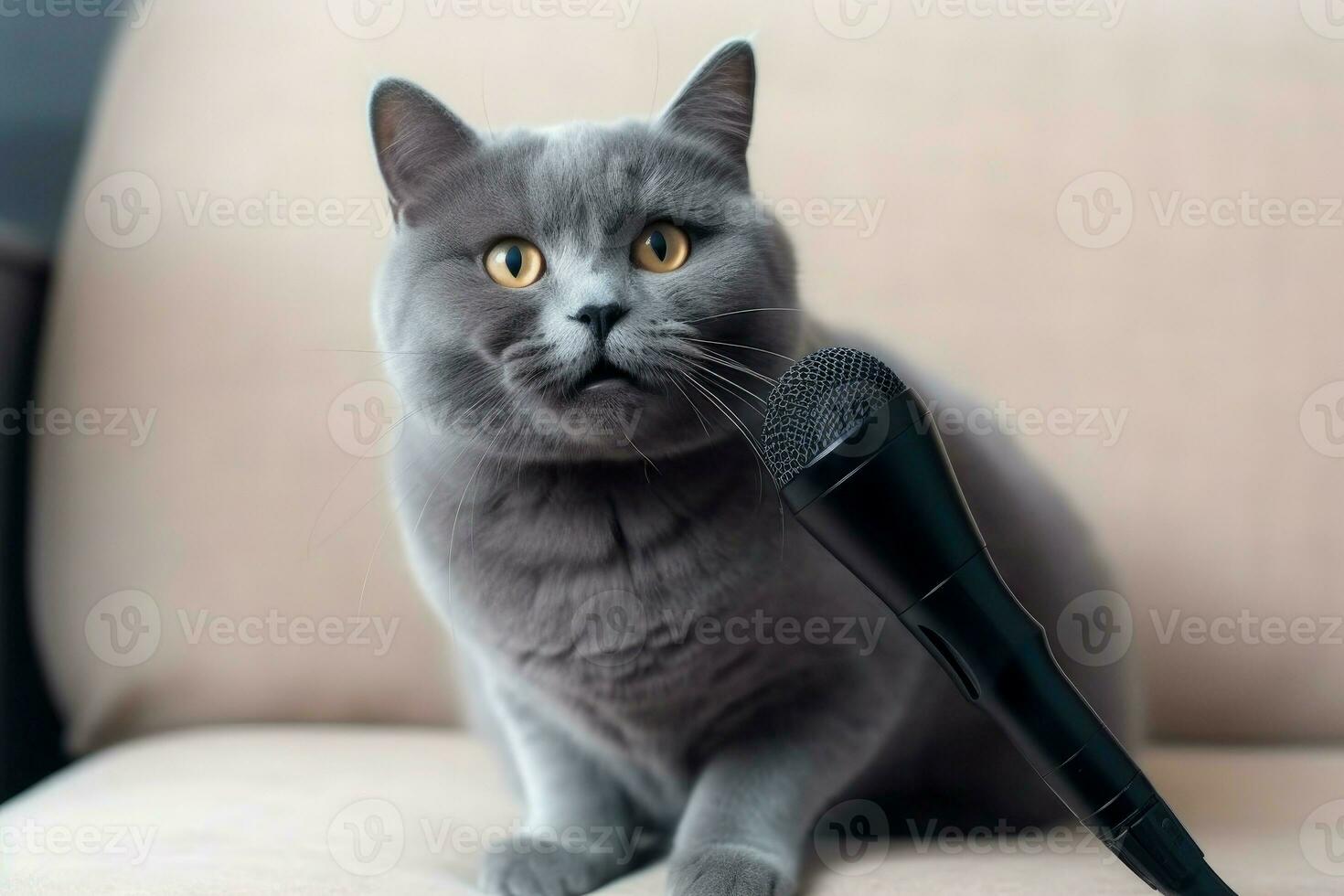 Cute smart cat near microphone record. Generate Ai photo