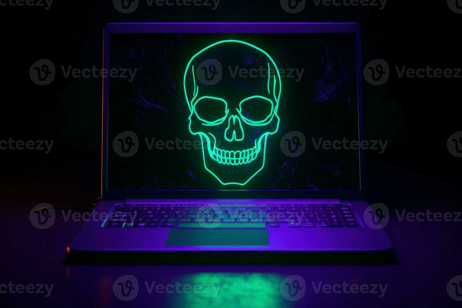 Neon laptop skull. Generate Ai photo