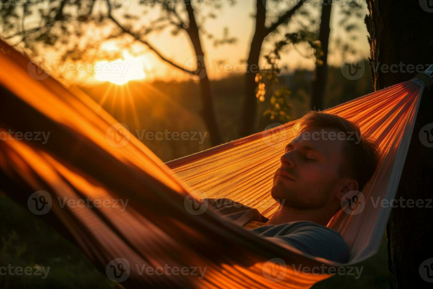 Man resting hammock outdoor. Generate Ai photo