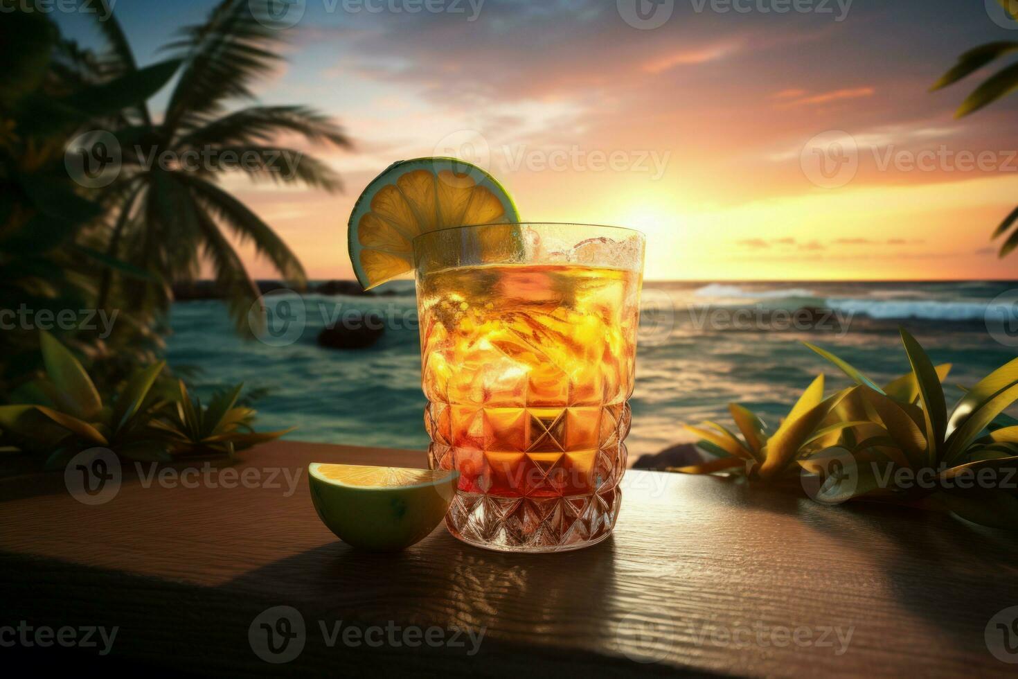 Beach cocktail ocean evening. Generate AI photo