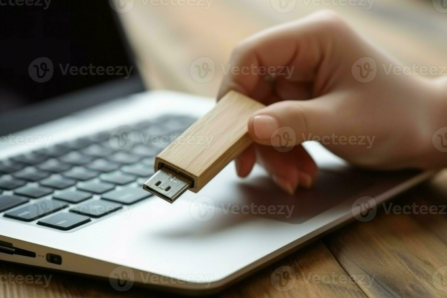 Usb flash near laptop. Generate Ai photo