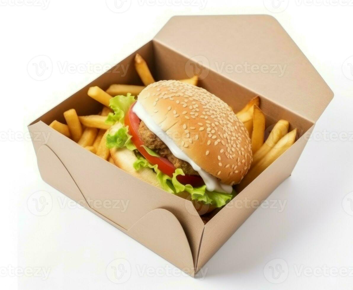 Tasty burger paper box with fries. Generate Ai photo