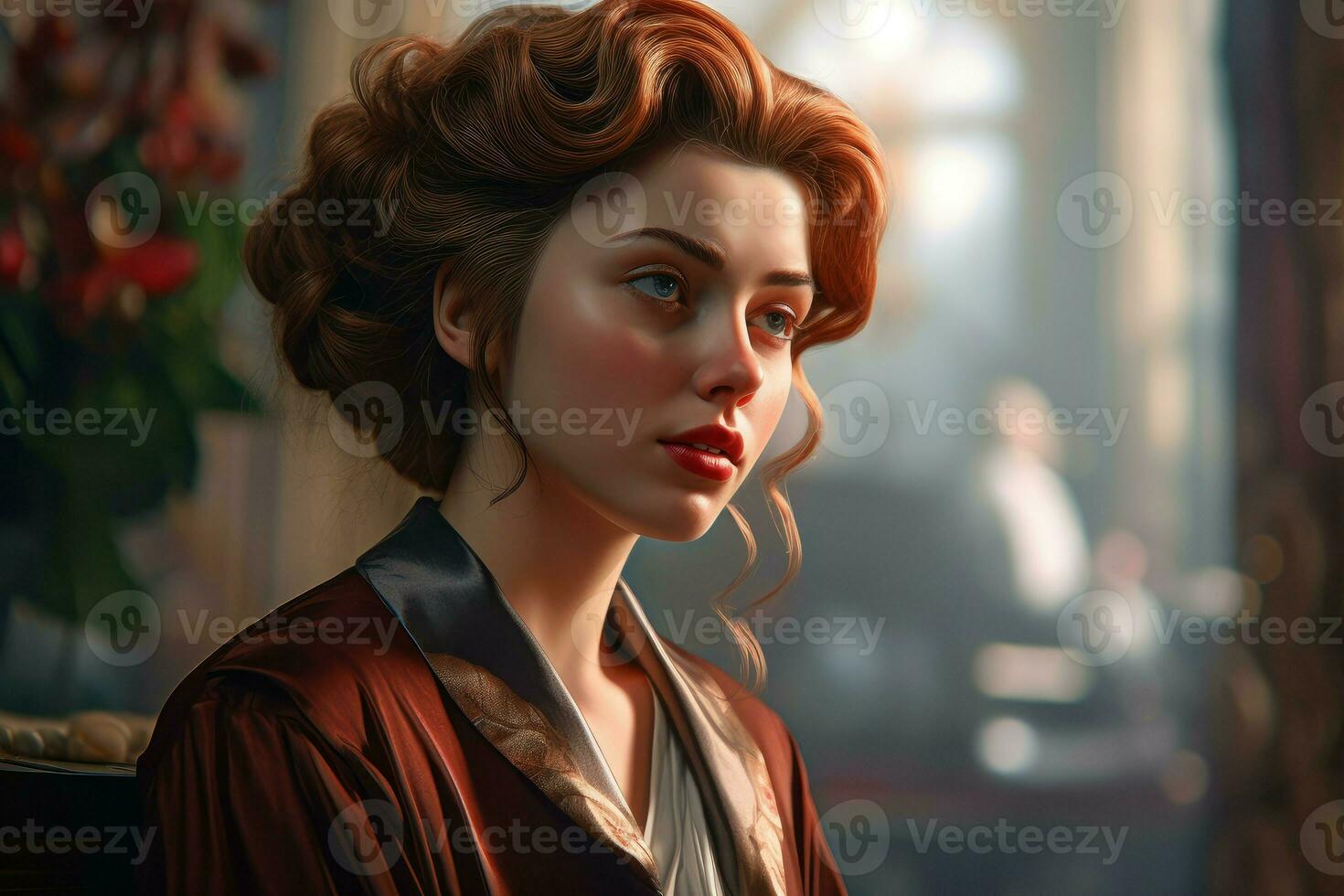 Beautiful woman closeup red hair. Generate Ai photo