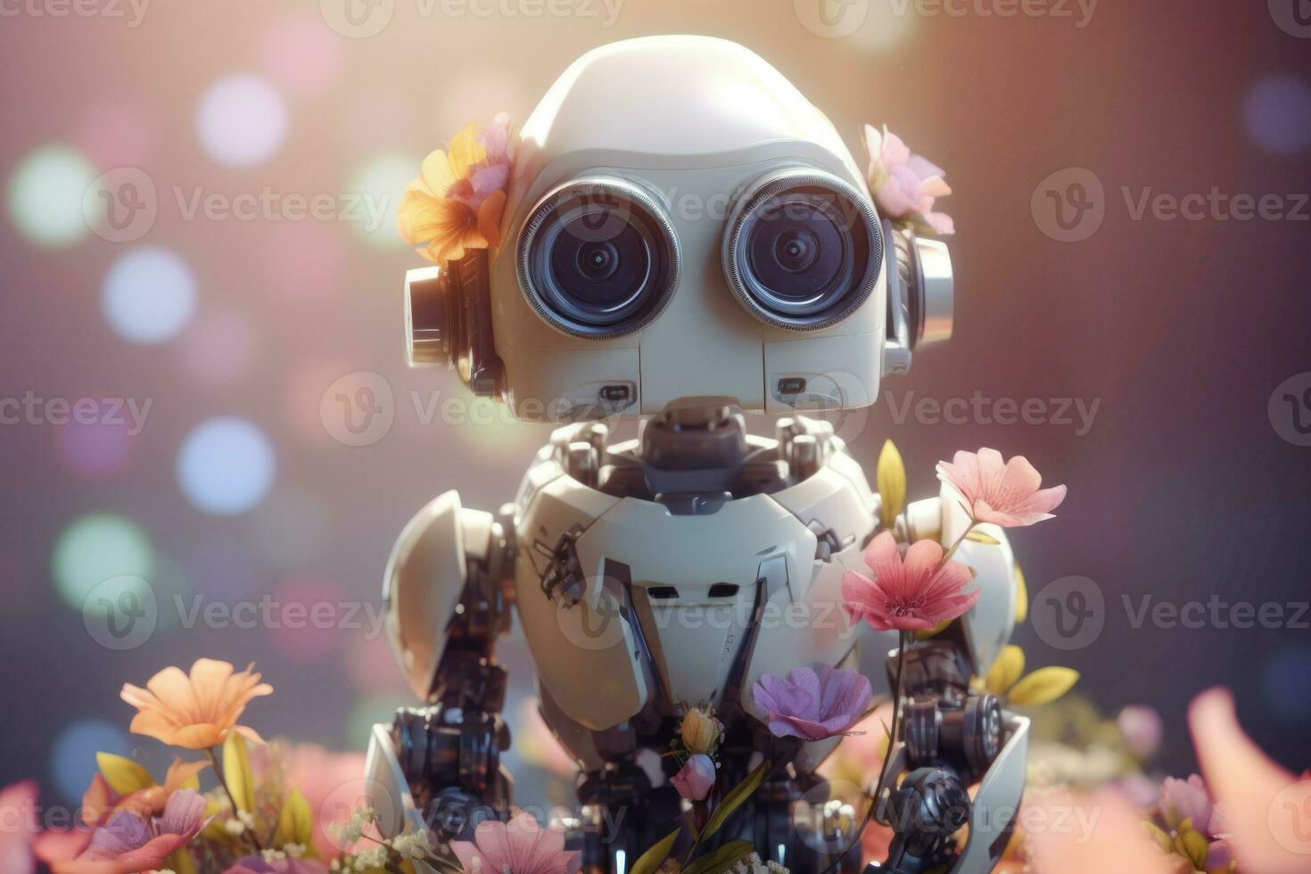 Cute robot girl with flowers. Generate AI photo