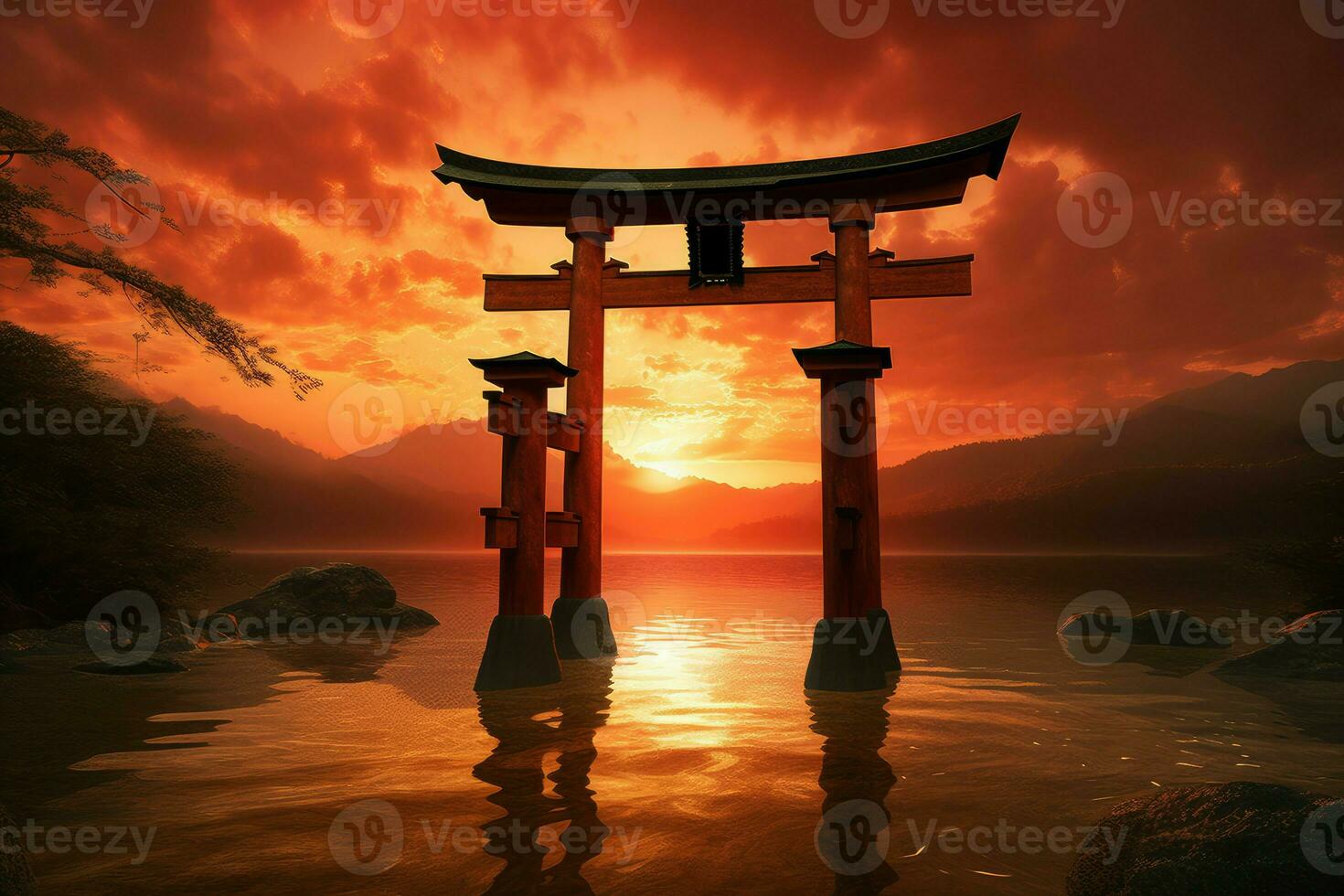 Japan gate in water. Generate Ai photo