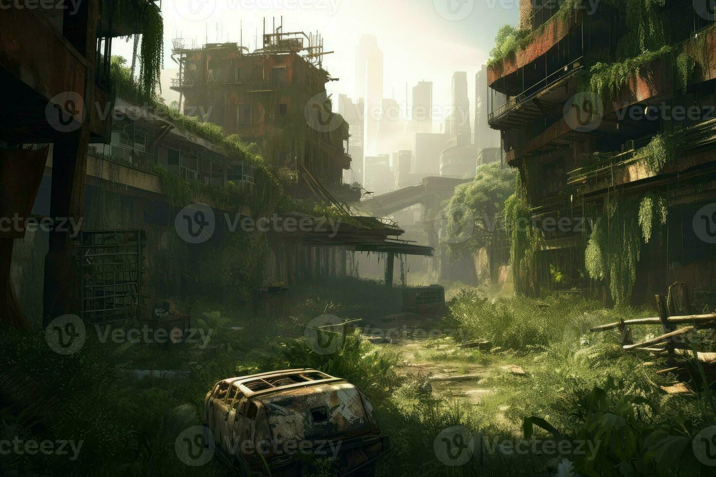 Post apocalyptic city street. Generate Ai photo