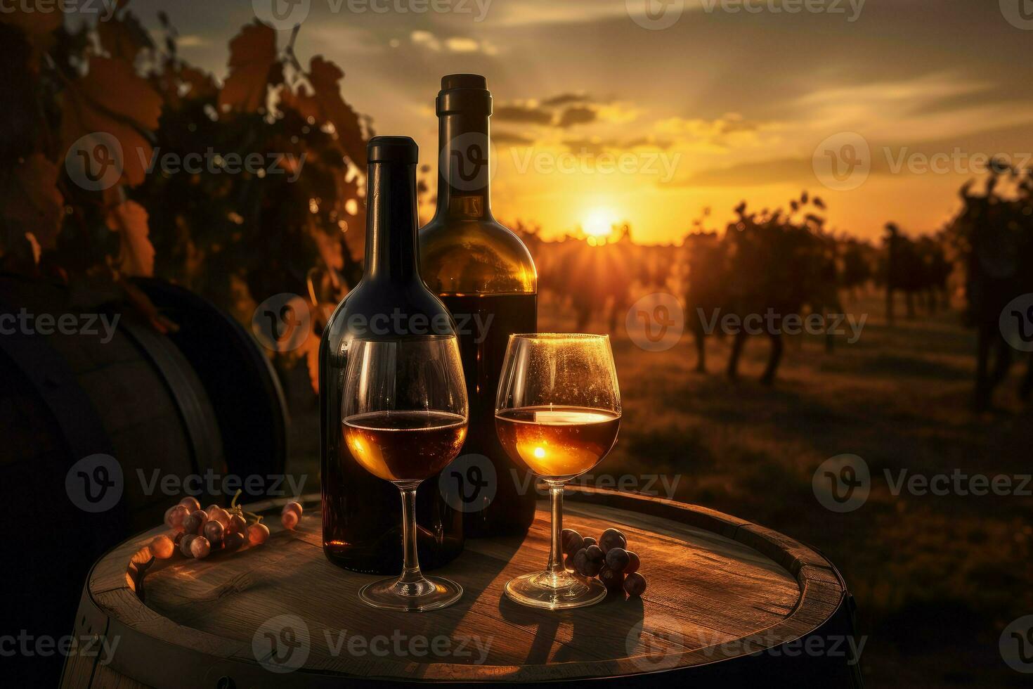 Vineyard wine bottle in sunset. Generate Ai photo
