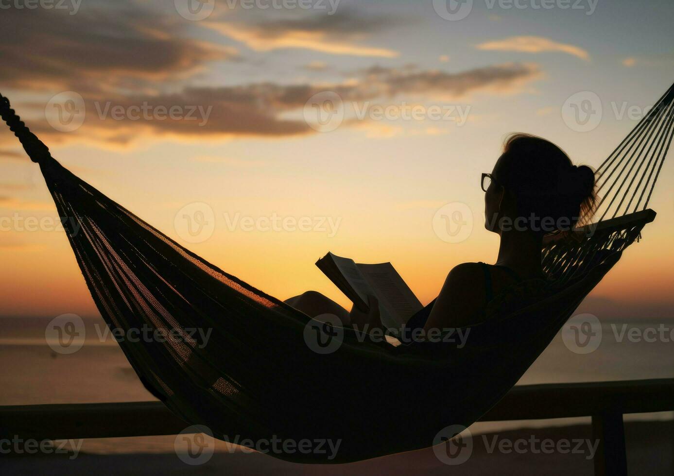 Woman with book on hammock. Generate Ai photo