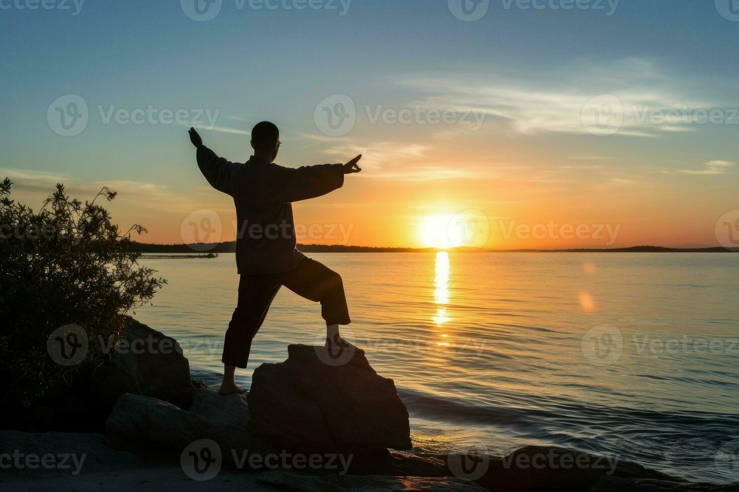 Tai chi sunset person. Generate Ai photo